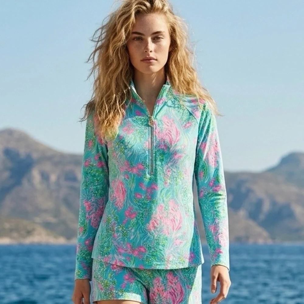Lilly Pulitzer Womens Turquoise Pink Coral Print Quarter Zip Pullover Large - Picture 9 of 9